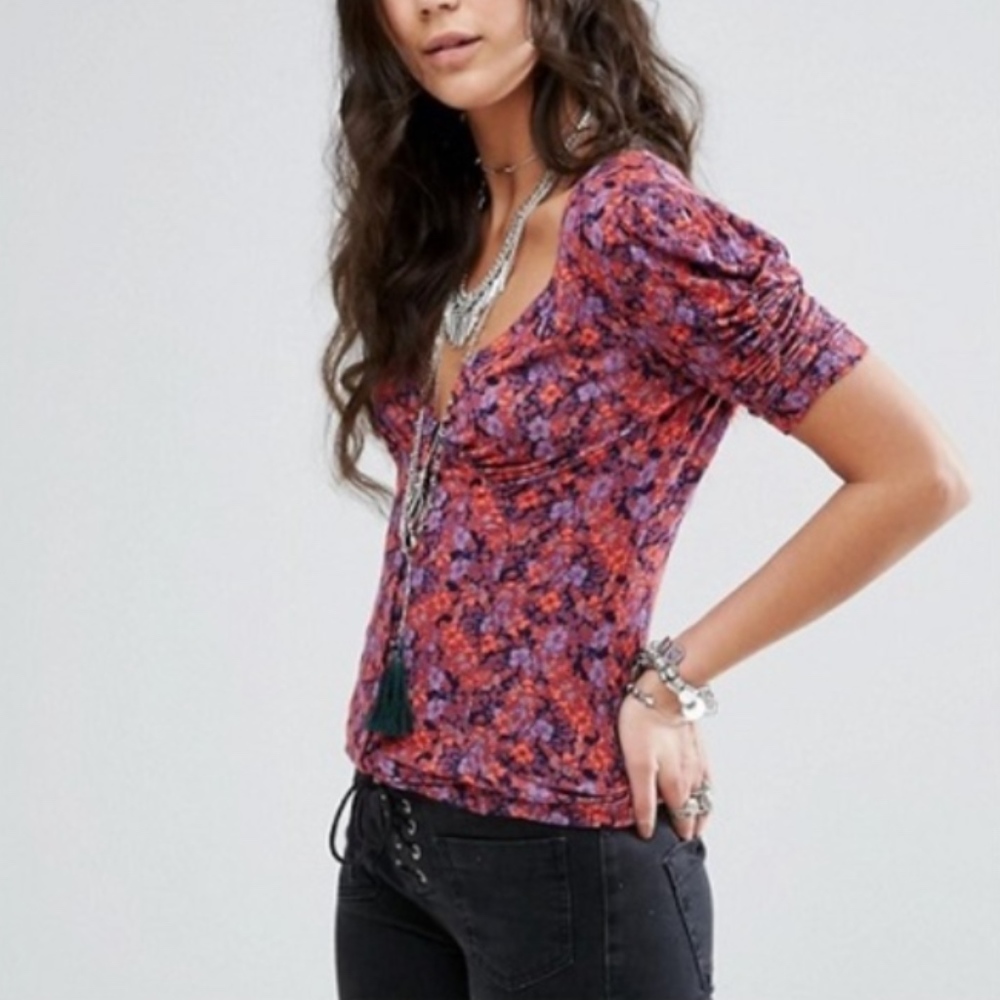 Free People Hollywood Ruched Sleeve Floral Top S